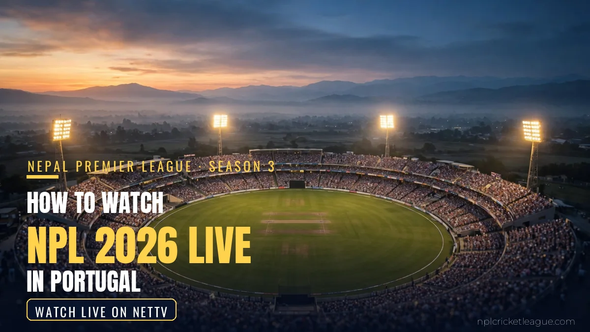 How to watch NPL 2026 live in Portugal: floodlit cricket stadium at dusk, NetTV streaming graphic