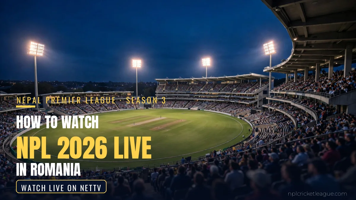 How to watch NPL 2026 live in Romania: floodlit cricket stadium at night, NetTV streaming graphic