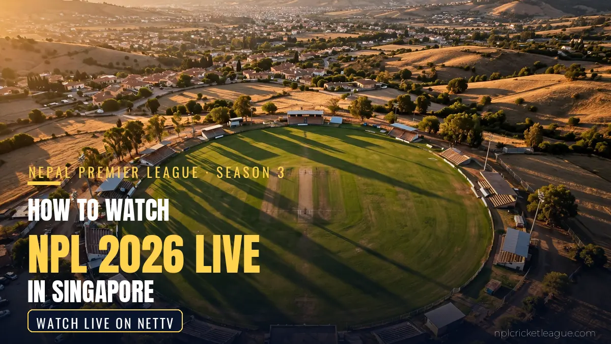 How to watch NPL 2026 live in Singapore: floodlit cricket stadium at dusk, NetTV streaming graphic