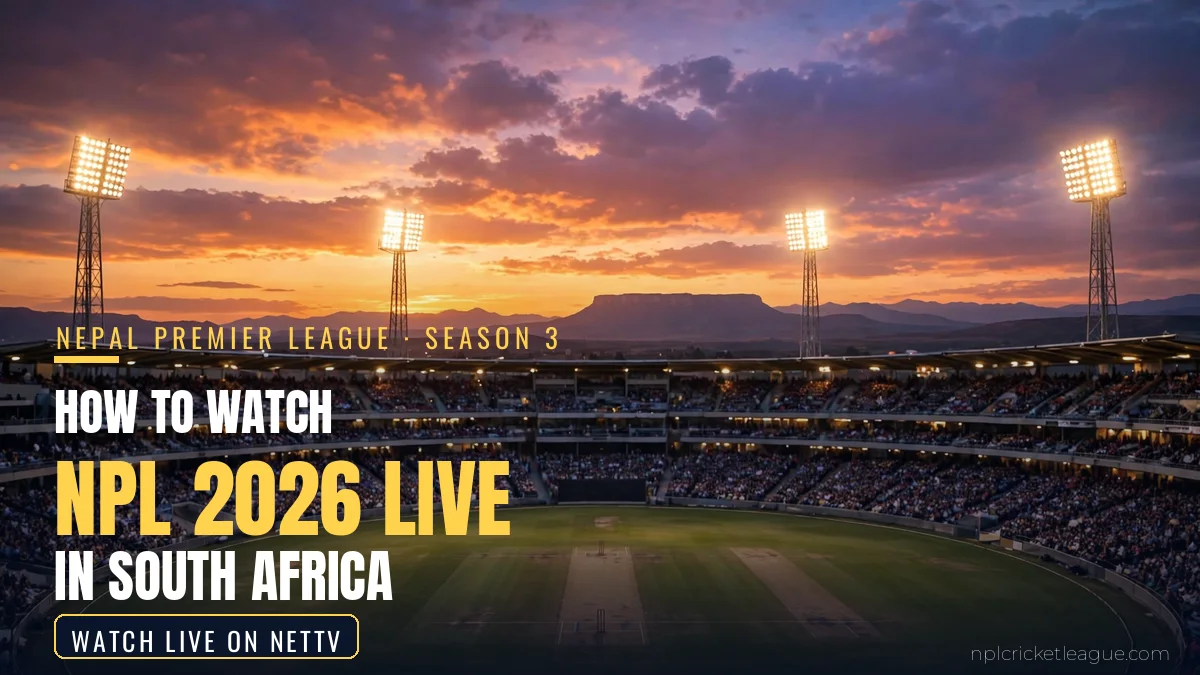 How to watch NPL 2026 live in South Africa: floodlit cricket stadium at dusk, NetTV streaming graphic