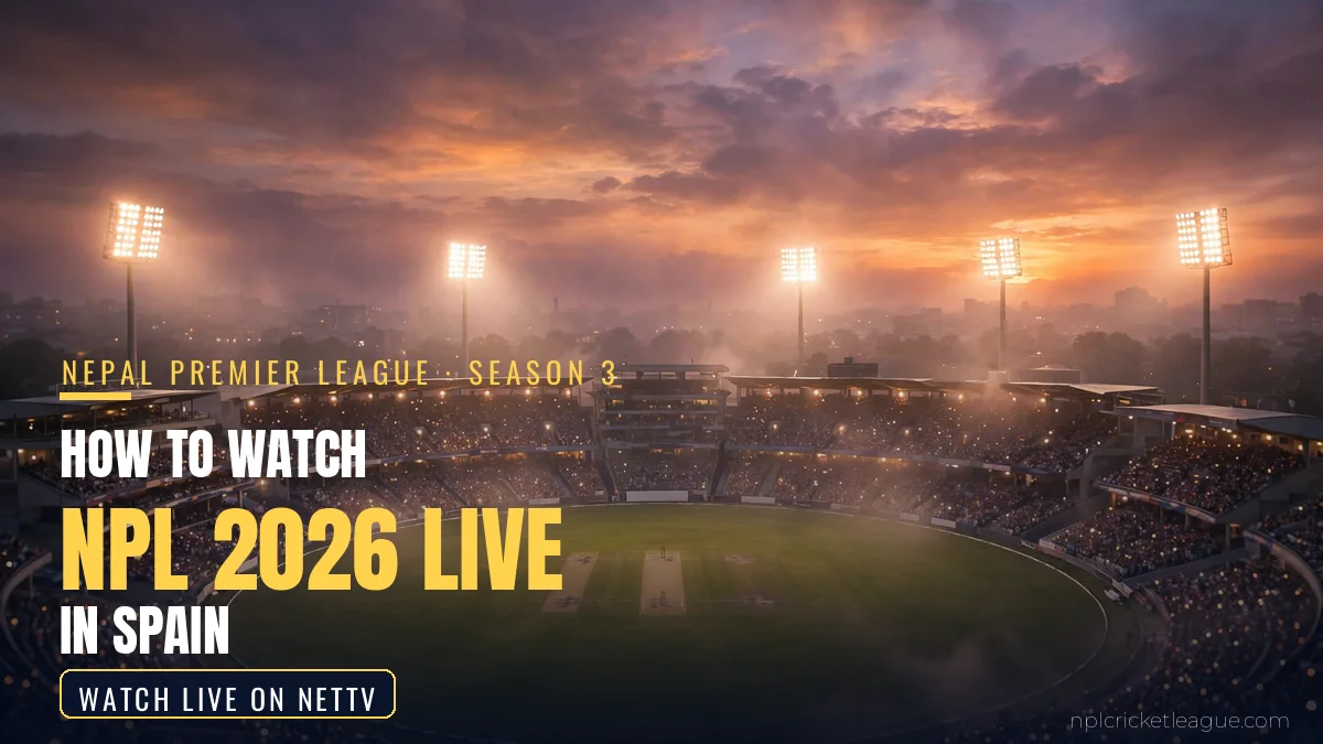 How to watch NPL 2026 live in Spain: floodlit cricket stadium at dusk, NetTV streaming graphic