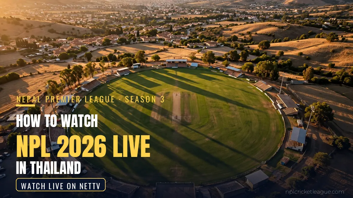 How to watch NPL 2026 live in Thailand: floodlit cricket stadium at dusk, NetTV streaming graphic
