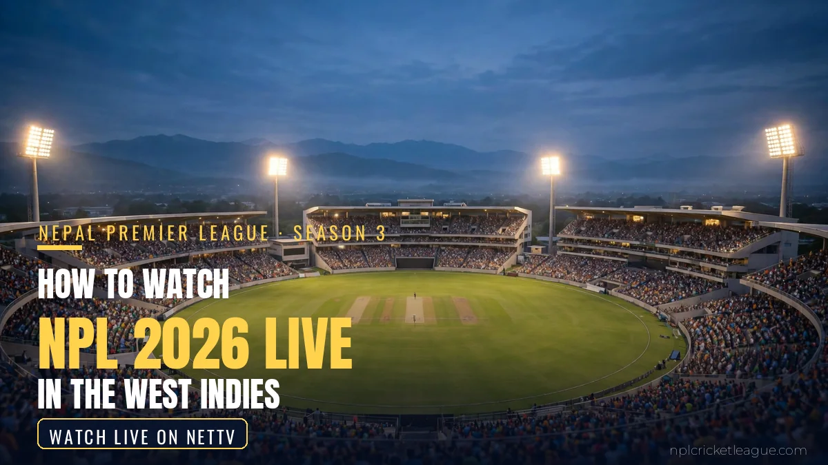 How to watch NPL 2026 live in the West Indies: floodlit cricket stadium at dusk, NetTV streaming graphic