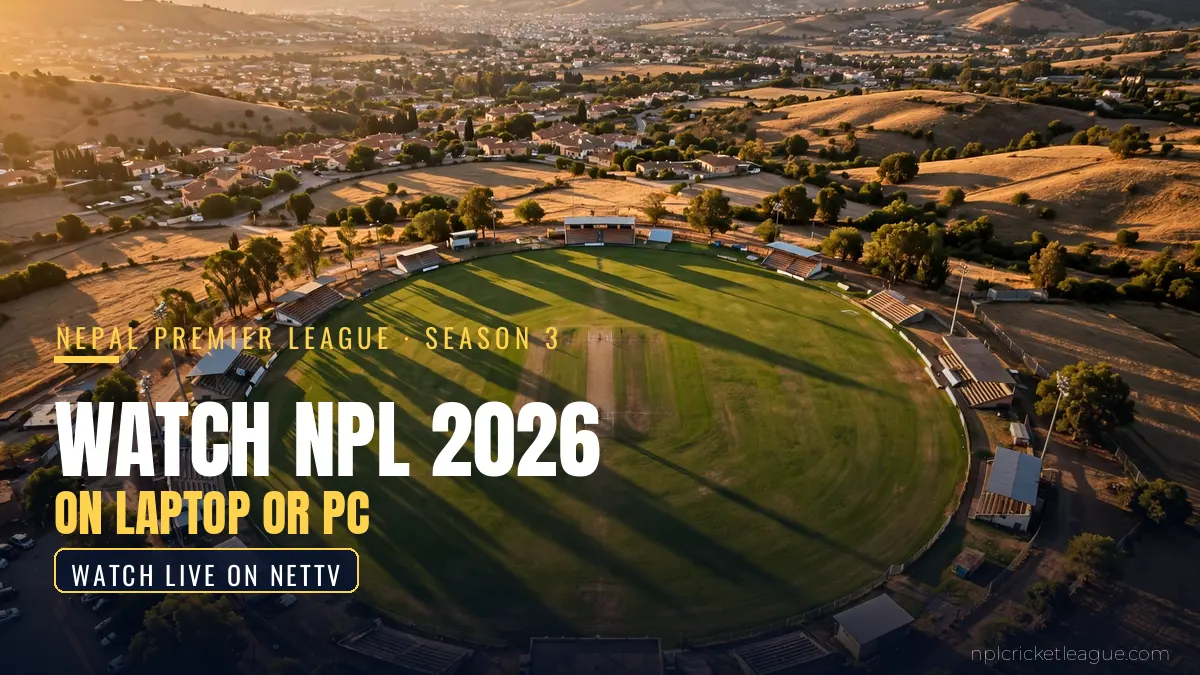 Watch NPL 2026 on laptop or PC: aerial cricket stadium at golden hour, NetTV web watch options graphic