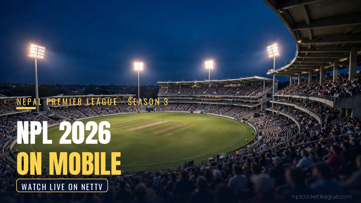 NPL 2026 on mobile: floodlit stadium at night, watch NPL 2026 live on Android and iPhone via the NetTV app graphic