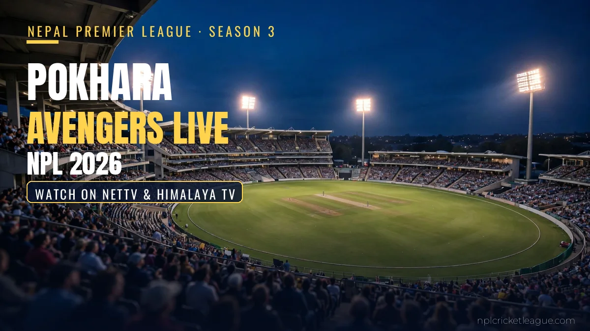 Watch Pokhara Avengers matches live in NPL 2026: floodlit cricket stadium at dusk, live stream graphic