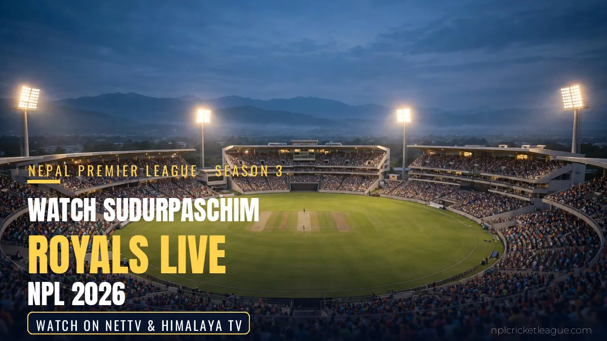 How to watch Sudurpaschim Royals matches live in NPL 2026: floodlit cricket stadium at dusk, live stream graphic