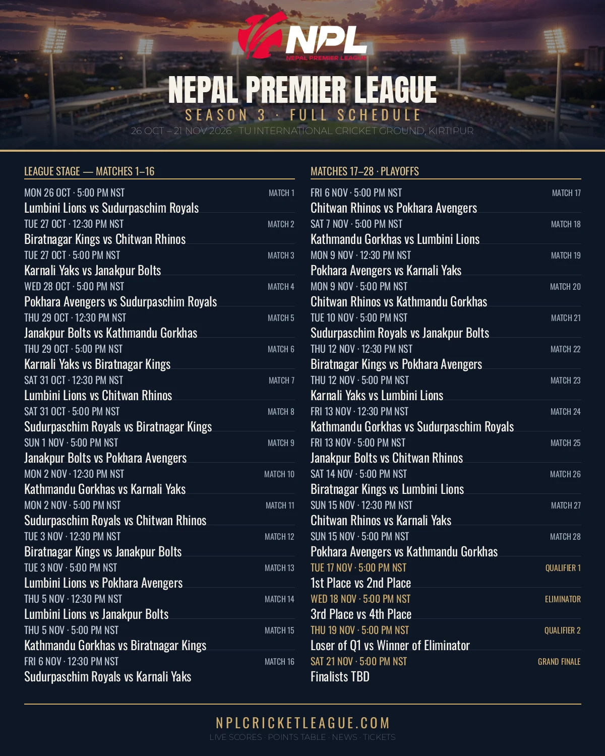Nepal Premier League Season 3 full schedule poster: every Season 3 fixture from 26 October to 21 November 2026 at TU International Cricket Ground, Kirtipur